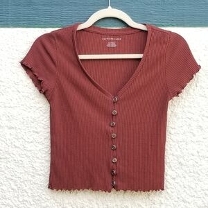 American Eagle Outfitters rust brown cropped v-neck ribbed babydoll shirt tee XS